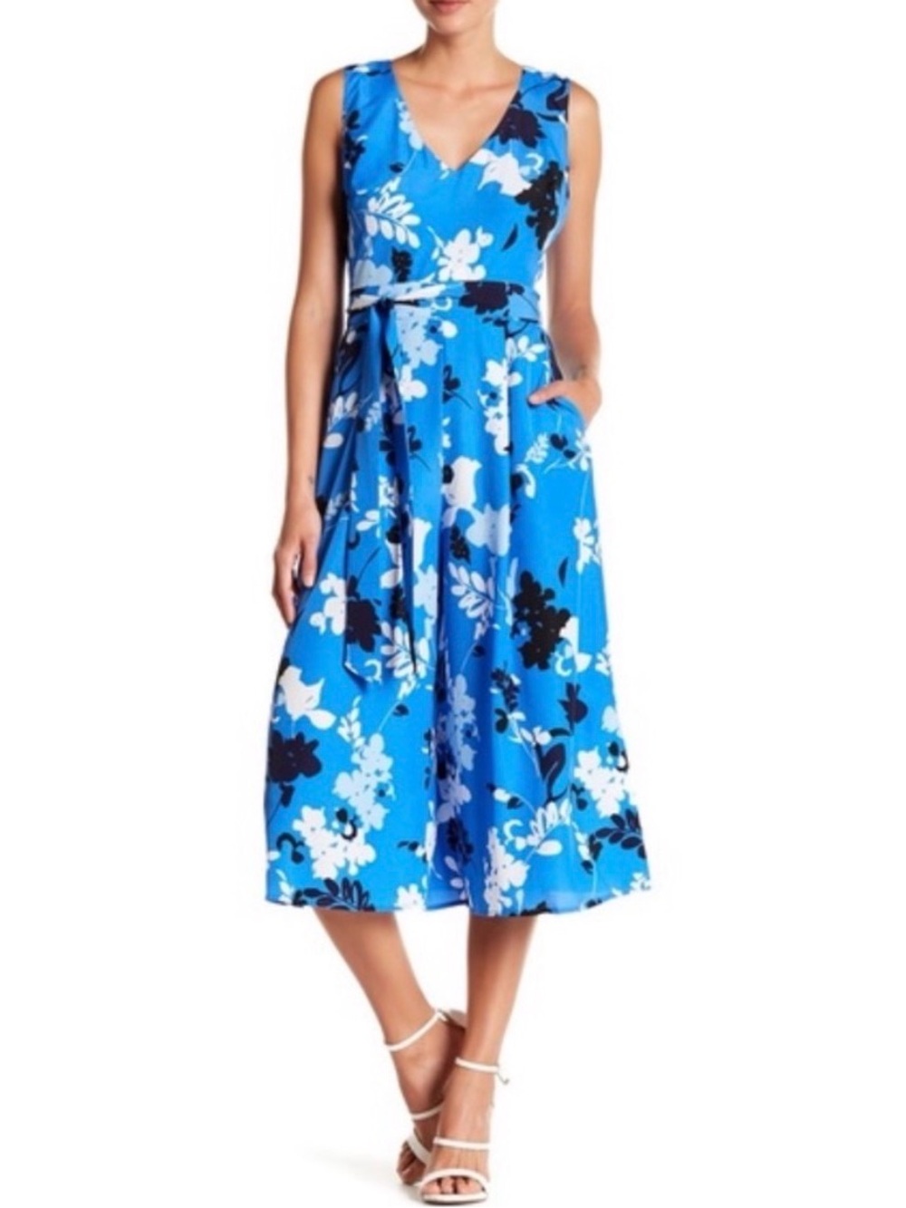 Vince Camuto Blue Floral Cropped Wide Leg Jumpsuit, S